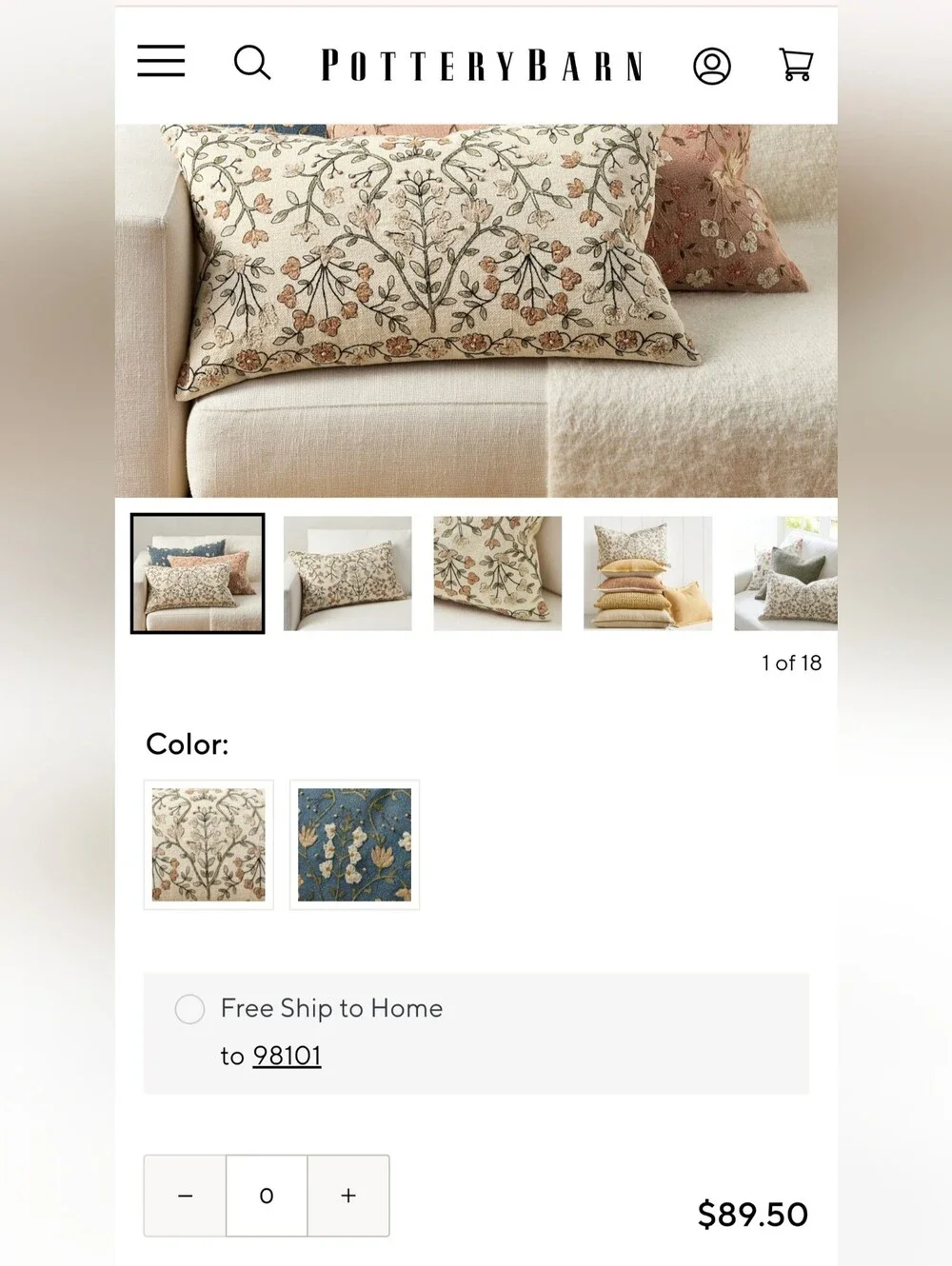Pottery Barn Embroidered Floral Lumbar Pillow in Cream Rust Sage With PB Insert
